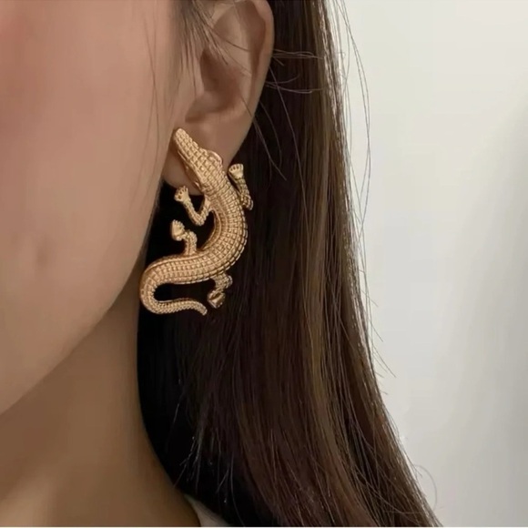 Alligator Gold Textured Statement Earrings - Picture 8 of 16